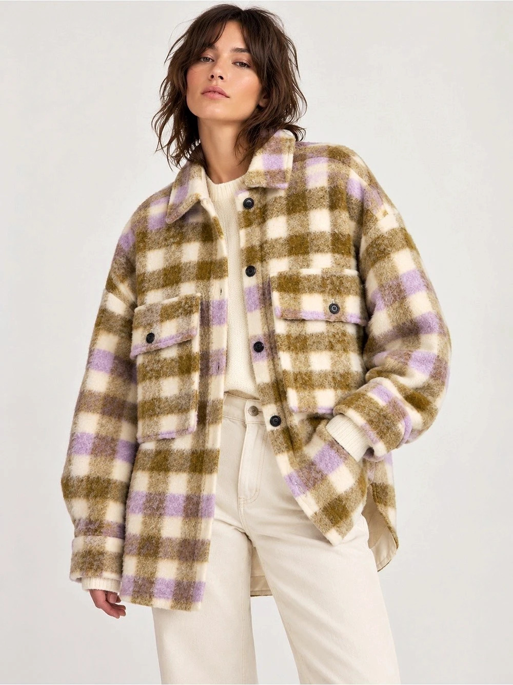 Zara Oversized Plaid Shacket Coat Wool blend Lavender Olive Cream size S-M NWT